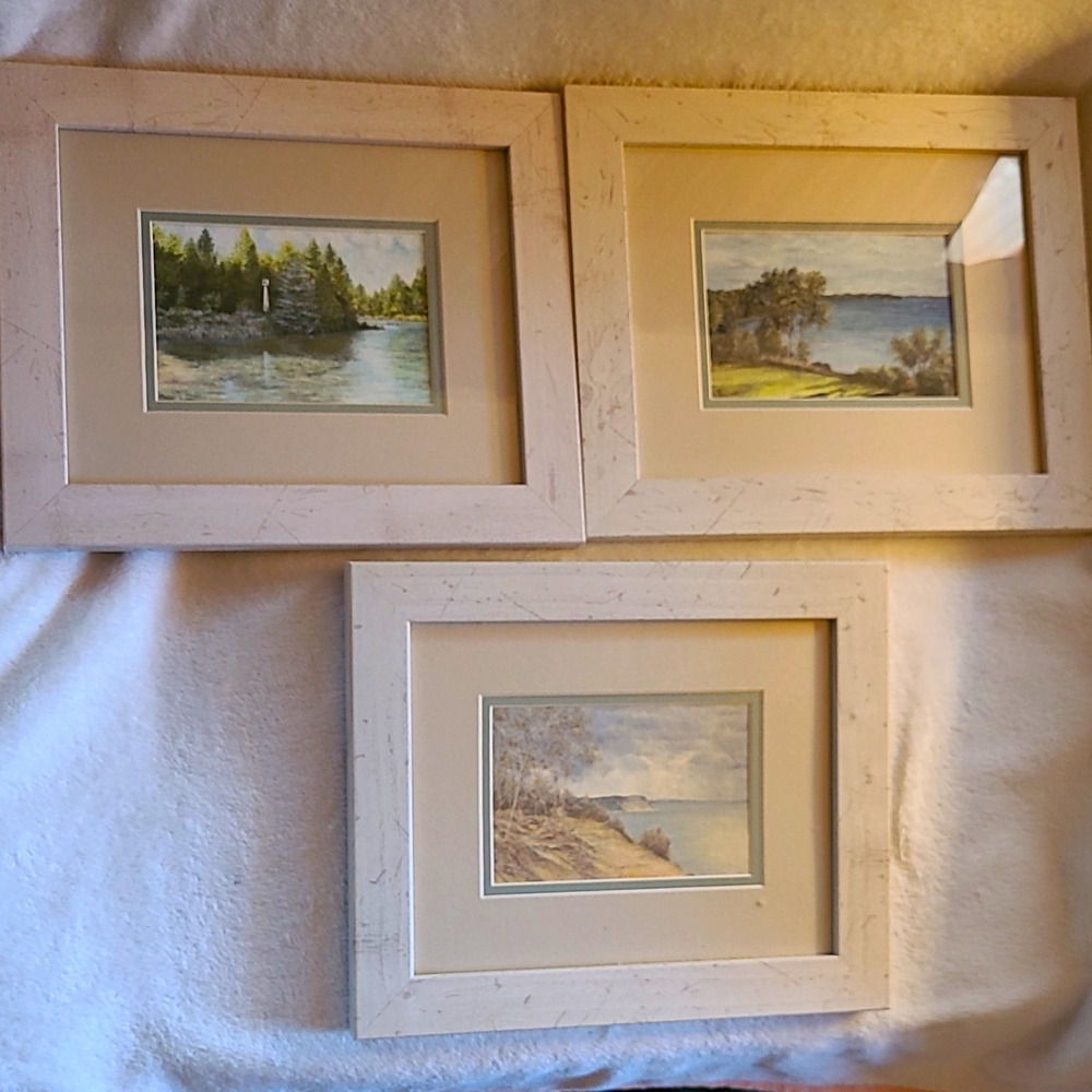 Set of 3 M Frey Studio Vintage Landscape Watercolor Prints Signed Matted Framed